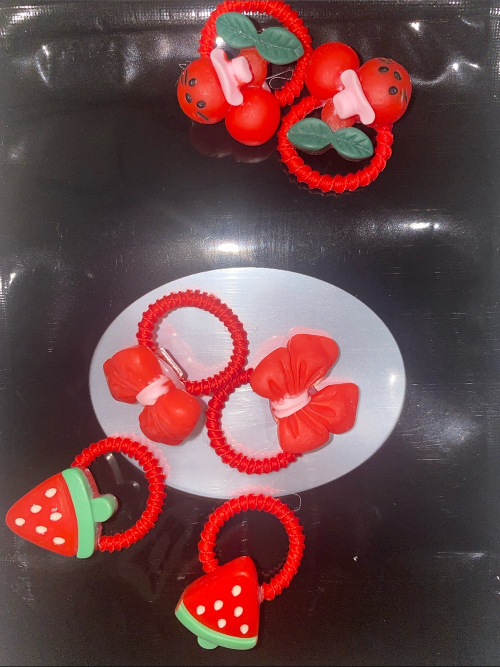Cute Red Fruit & Bow Kids Hair Ties - Set of 3